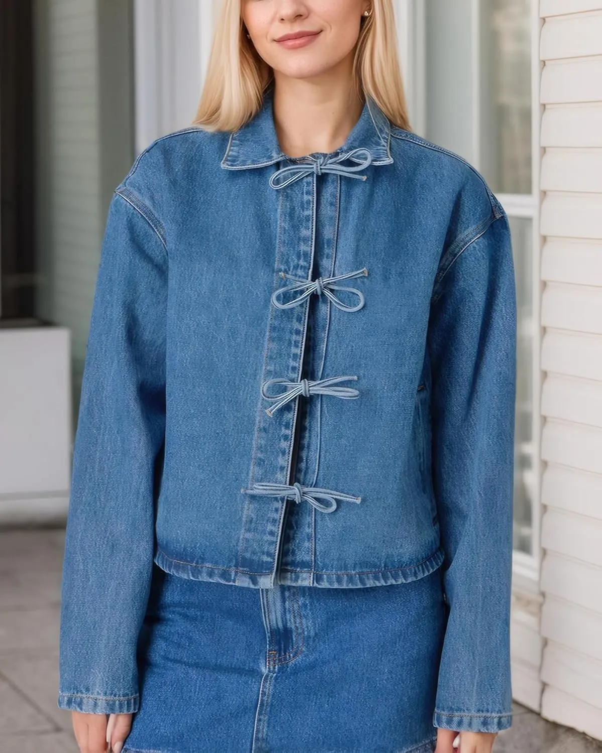 Kedera Womens Jean Jacket Tie Front Long Sleeve Denim Shacket Lapel Collar Tops Fall Winter Fashion Trendy Coat Blazer