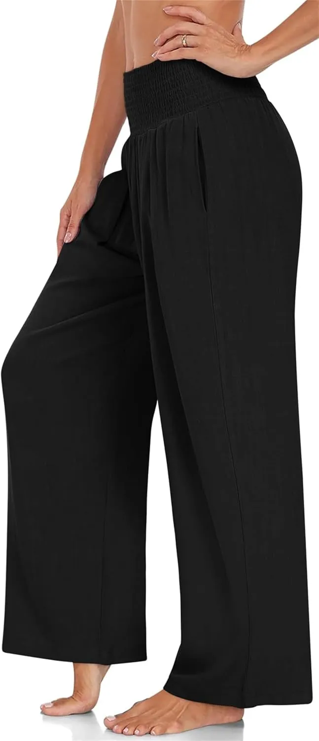 Kubbon Women's Linen Palazzo Pants Wide Leg High-Waist Yoga Sweatpants Casual Flowy Sport Loose Beach Trousers with Pockets