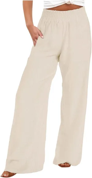 Lastesso Linen Pants Women Trendy High Waist Wide Leg Trousers with Pockets Loose Comfy Cotton Linen Lounge Homewaer Pants