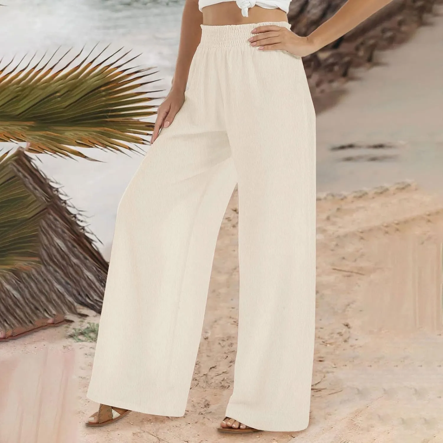 Lastesso Linen Pants Women Trendy High Waist Wide Leg Trousers with Pockets Loose Comfy Cotton Linen Lounge Homewaer Pants