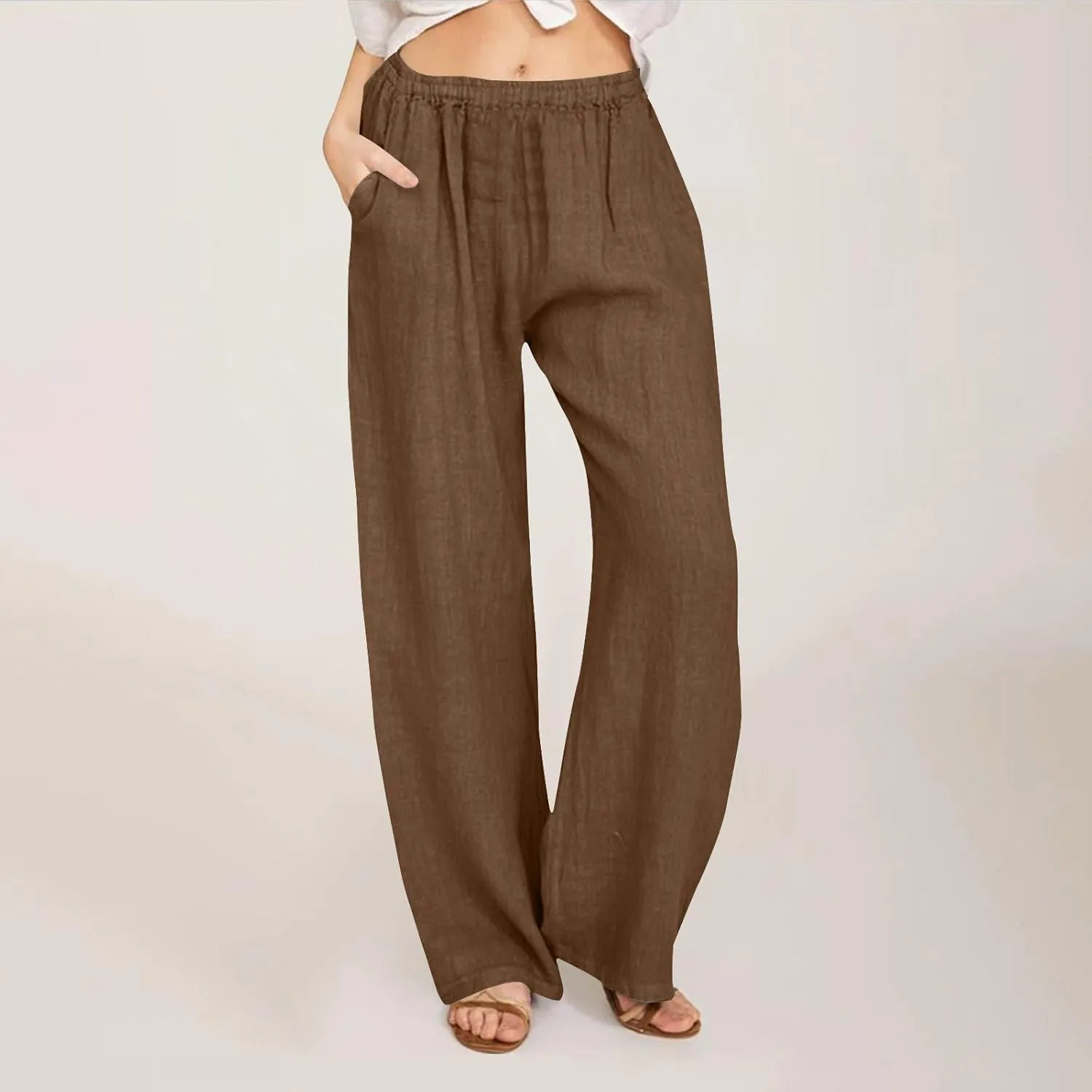 Lastesso Palazzo Pants for Women Casual Lightweight Linen Cotton Outfits with Pockets Soft High Waist Summer Lounge Trousers