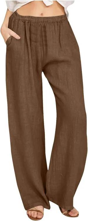 Lastesso Palazzo Pants for Women Casual Lightweight Linen Cotton Outfits with Pockets Soft High Waist Summer Lounge Trousers