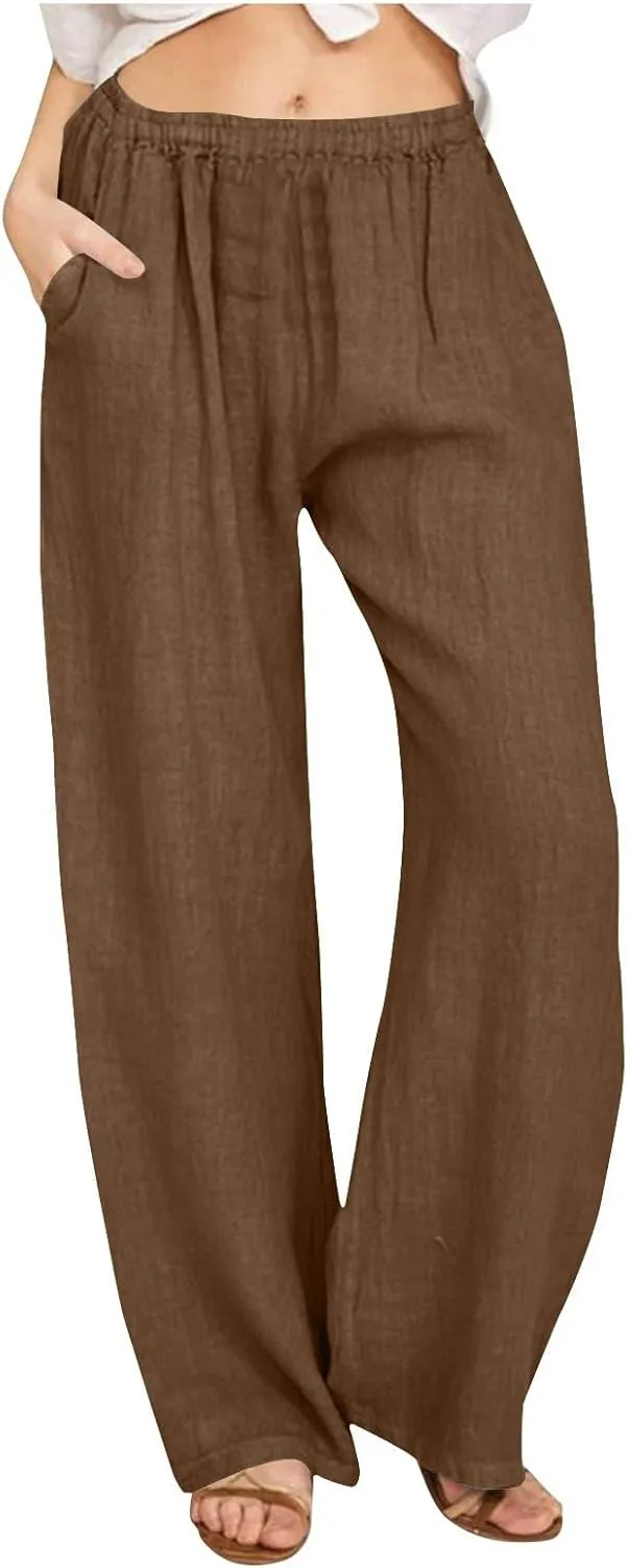 Lastesso Palazzo Pants for Women Casual Lightweight Linen Cotton Outfits with Pockets Soft High Waist Summer Lounge Trousers