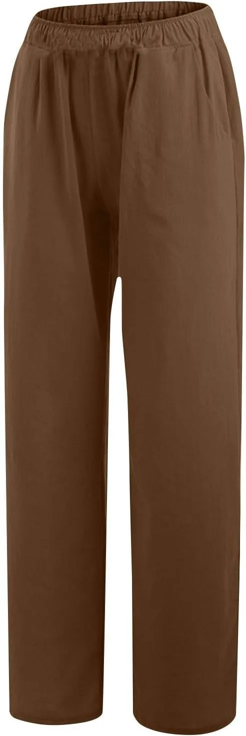 Lastesso Palazzo Pants for Women Casual Lightweight Linen Cotton Outfits with Pockets Soft High Waist Summer Lounge Trousers