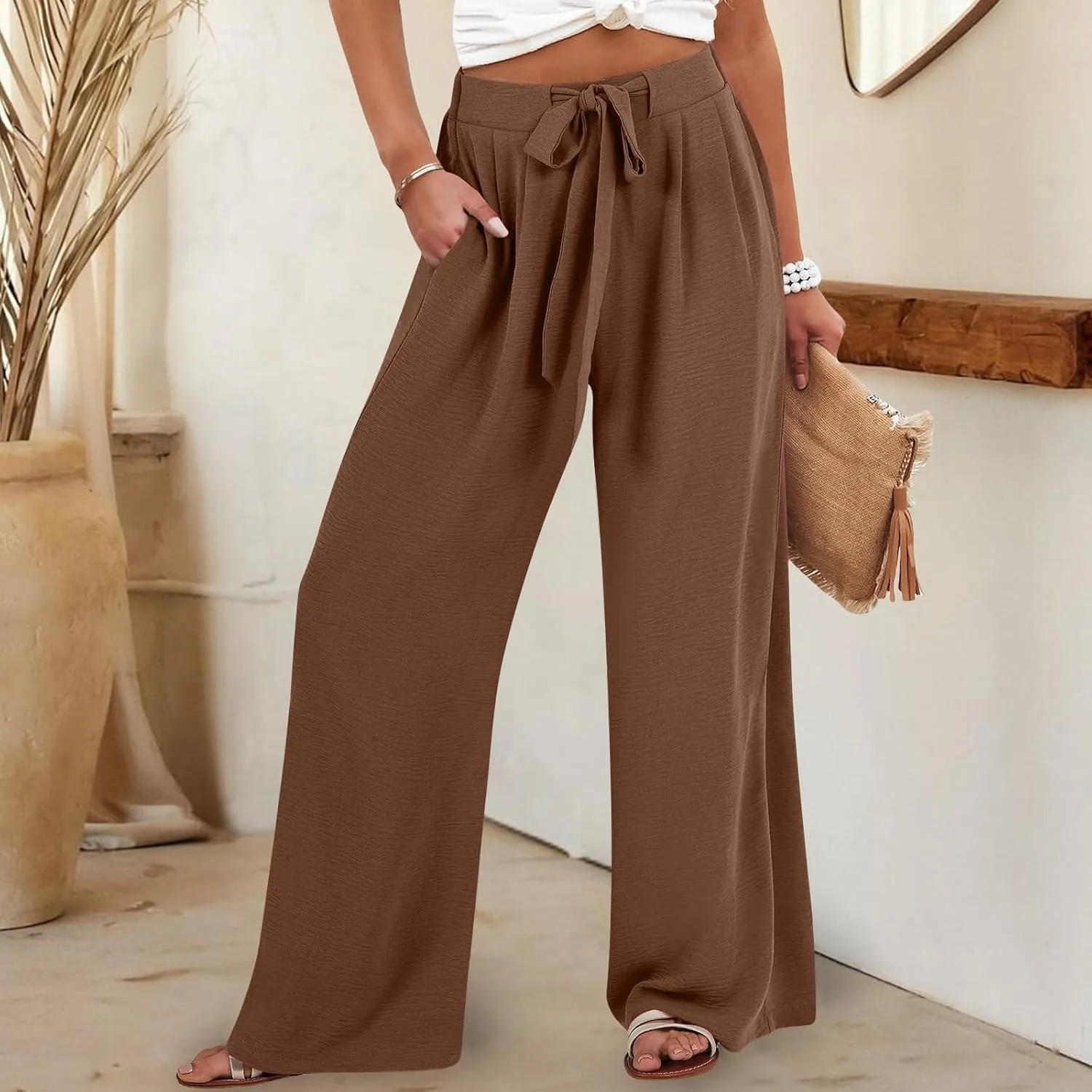 Lastesso Wide Leg Pants Woman Comfy High Waisted Lightweight Lounge Clothes with Pockets Soft Palazzo Flowy Summer Trousers
