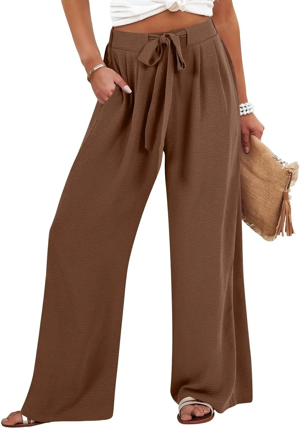 Lastesso Wide Leg Pants Woman Comfy High Waisted Lightweight Lounge Clothes with Pockets Soft Palazzo Flowy Summer Trousers