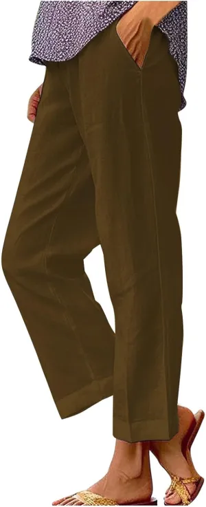 LCMTWX Women Linen Pants Solid Elastic Pants Long Drawstring Linen Women Waist Cotton Casual Pants High Waisted Trousers