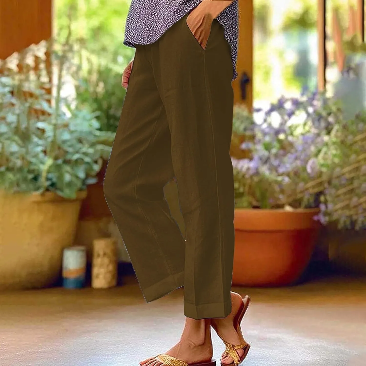 LCMTWX Women Linen Pants Solid Elastic Pants Long Drawstring Linen Women Waist Cotton Casual Pants High Waisted Trousers