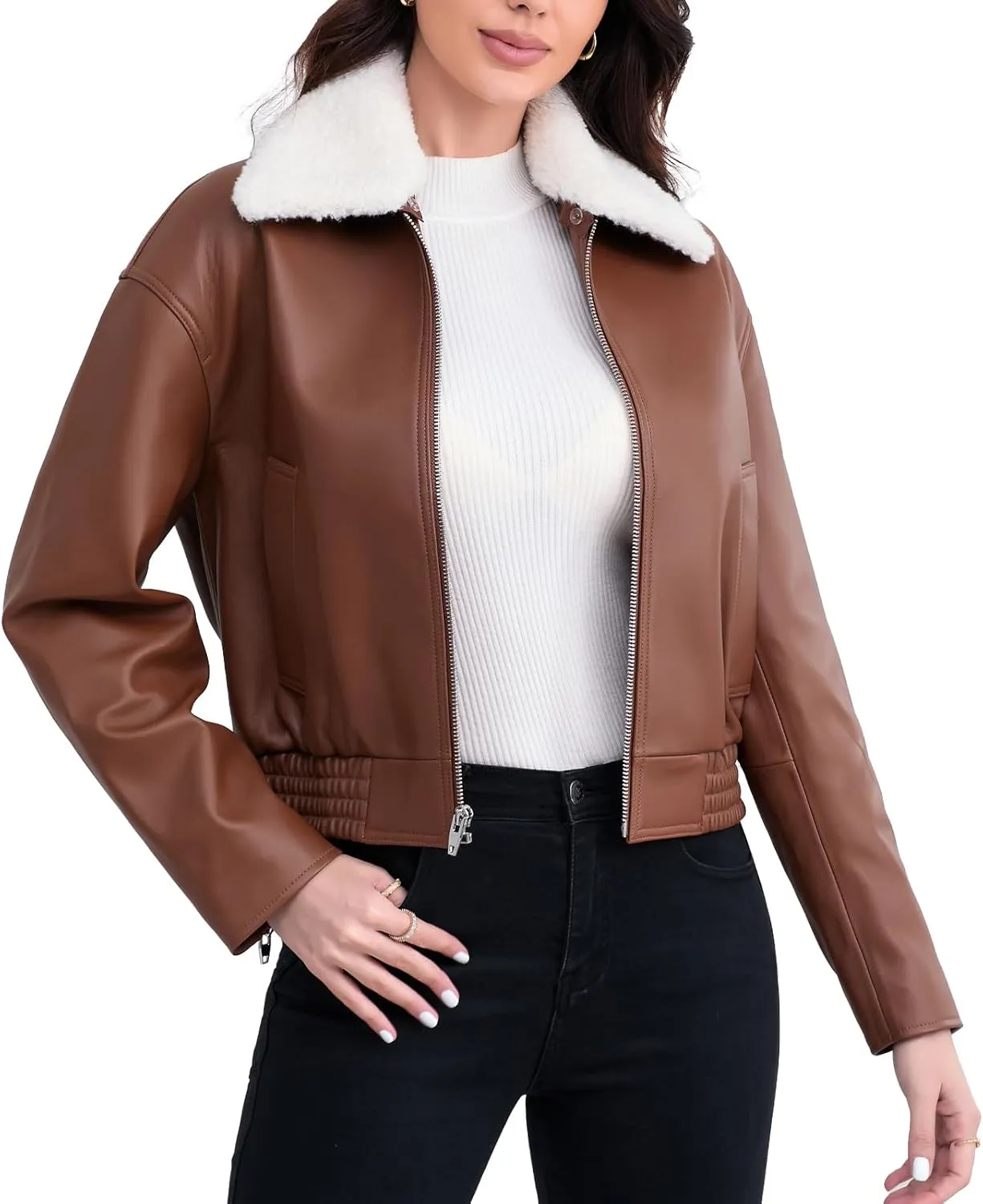 Leather Jacket Women,Cropped Lambskin Bomber Jacket,Removable Sherpa Collar, Zip Front, Elasticized Hem
