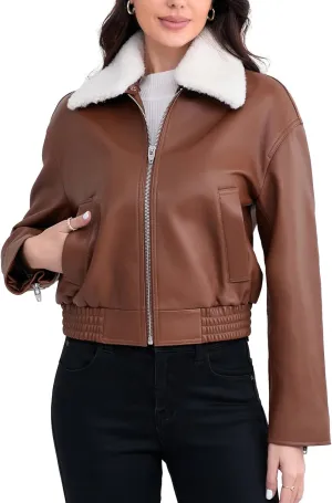 Leather Jacket Women,Cropped Lambskin Bomber Jacket,Removable Sherpa Collar, Zip Front, Elasticized Hem