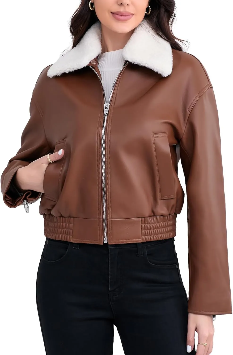Leather Jacket Women,Cropped Lambskin Bomber Jacket,Removable Sherpa Collar, Zip Front, Elasticized Hem