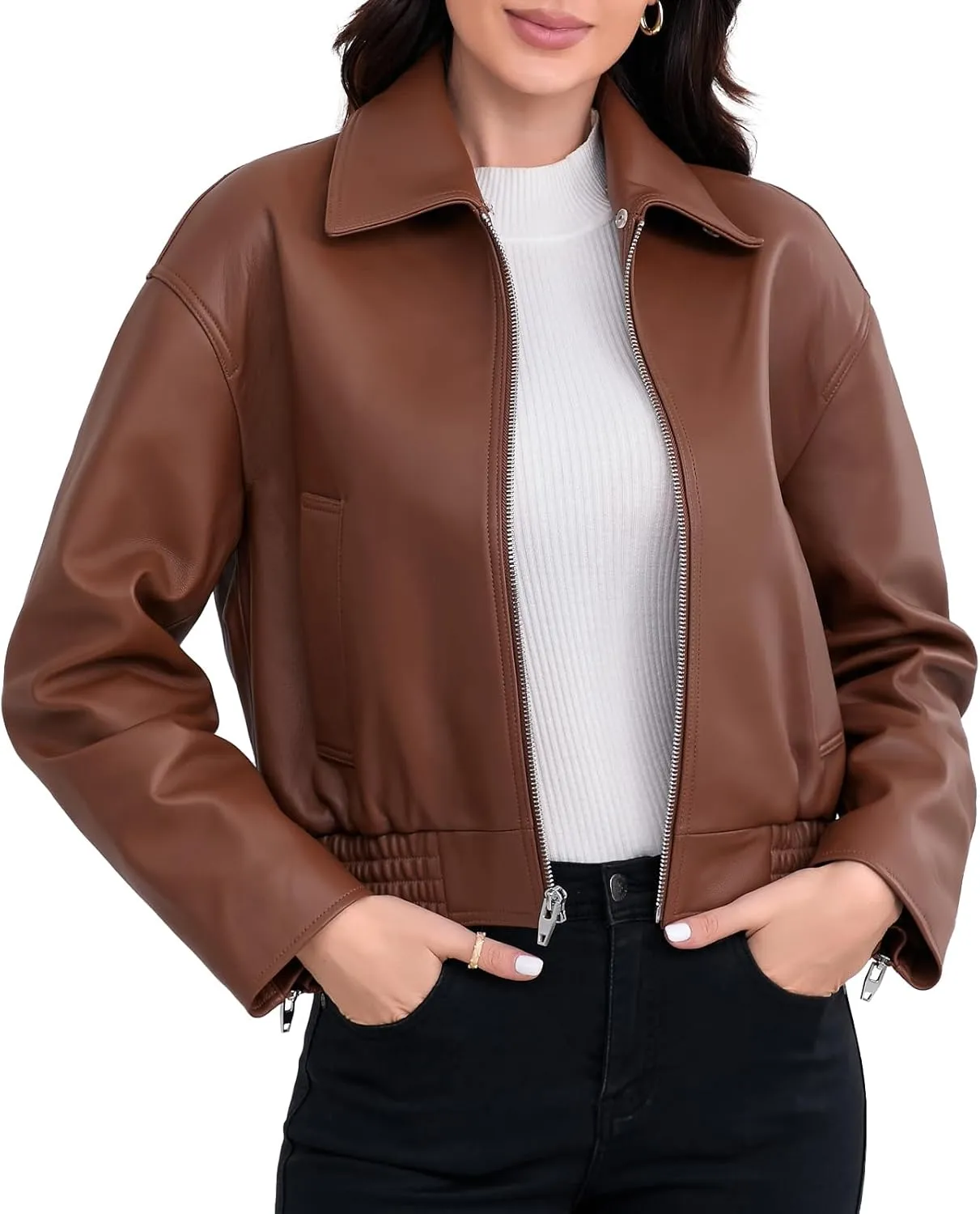 Leather Jacket Women,Cropped Lambskin Bomber Jacket,Removable Sherpa Collar, Zip Front, Elasticized Hem
