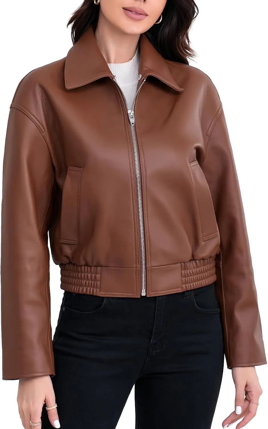 Leather Jacket Women,Cropped Lambskin Bomber Jacket,Removable Sherpa Collar, Zip Front, Elasticized Hem