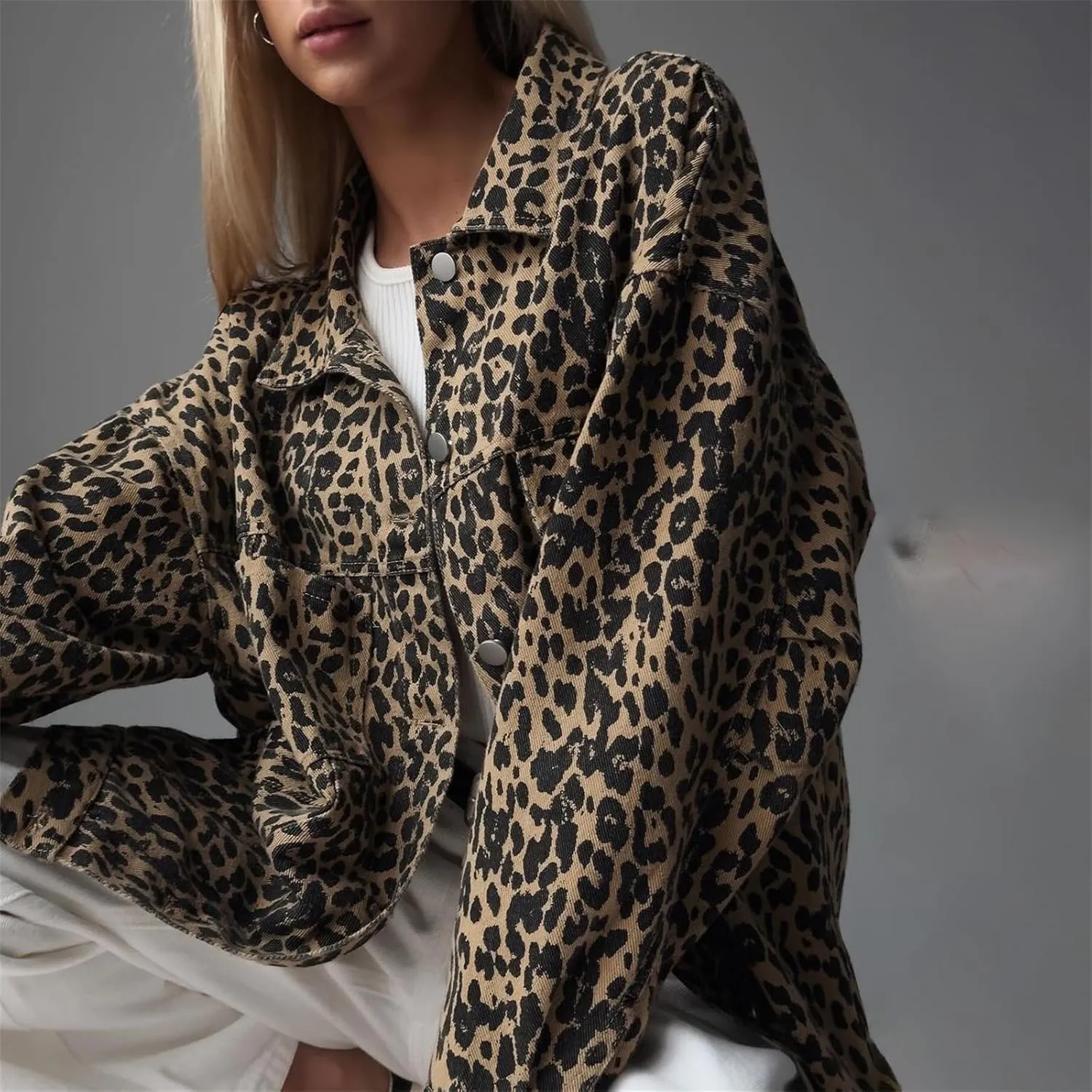 Leopard Jacket - Y2K Cheetah Print, Vintage Button Down, Casual Streetwear Denim Jacket for Women