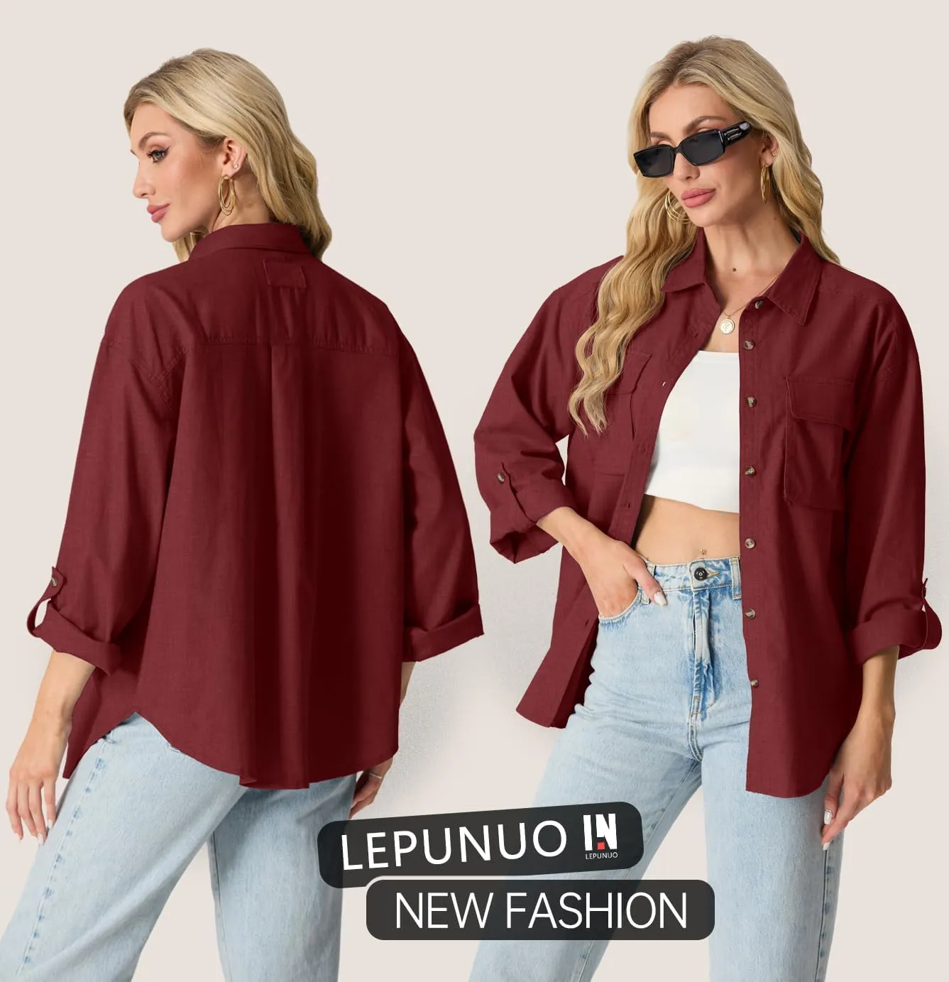 Lepunuo Womens Shacket Long Sleeve Shirt Jacket Button Down Linen Roll-up 3/4 Sleeves Shirts Blouses Tops Streetwear