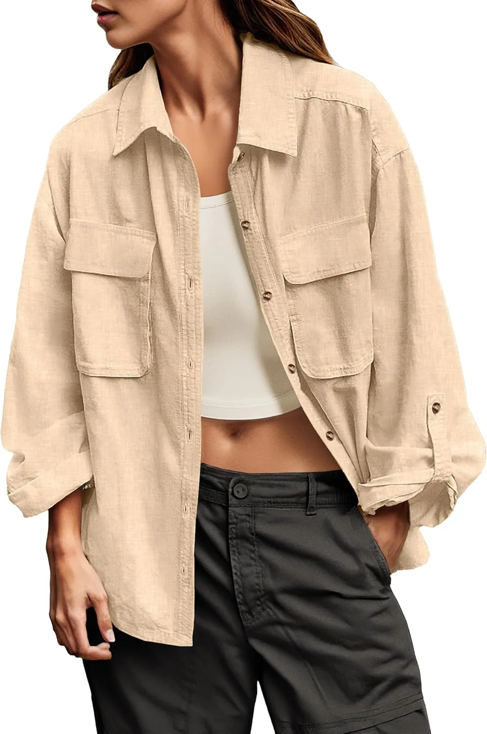 Lepunuo Womens Shacket Long Sleeve Shirt Jacket Button Down Linen Roll-up 3/4 Sleeves Shirts Blouses Tops Streetwear