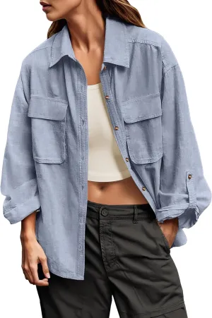 Lepunuo Womens Shacket Long Sleeve Shirt Jacket Button Down Linen Roll-up 3/4 Sleeves Shirts Blouses Tops Streetwear