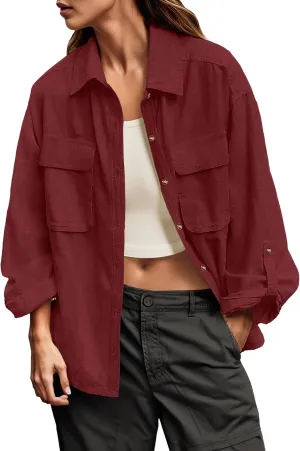 Lepunuo Womens Shacket Long Sleeve Shirt Jacket Button Down Linen Roll-up 3/4 Sleeves Shirts Blouses Tops Streetwear