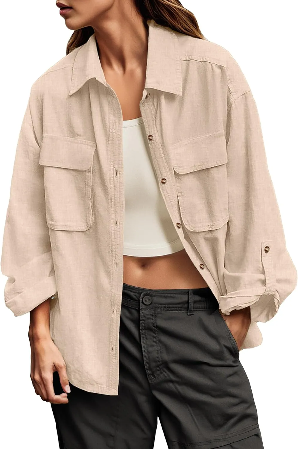 Lepunuo Womens Shacket Long Sleeve Shirt Jacket Button Down Linen Roll-up 3/4 Sleeves Shirts Blouses Tops Streetwear