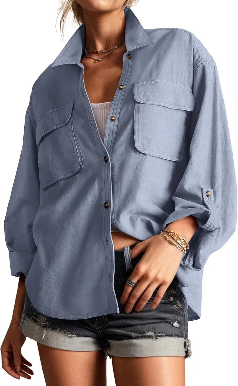 Lepunuo Womens Shacket Long Sleeve Shirt Jacket Button Down Linen Roll-up 3/4 Sleeves Shirts Blouses Tops Streetwear