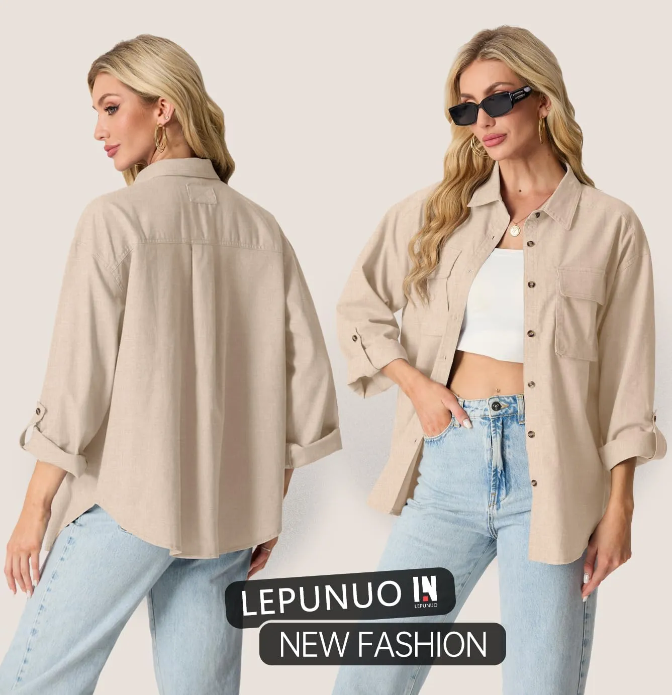 Lepunuo Womens Shacket Long Sleeve Shirt Jacket Button Down Linen Roll-up 3/4 Sleeves Shirts Blouses Tops Streetwear