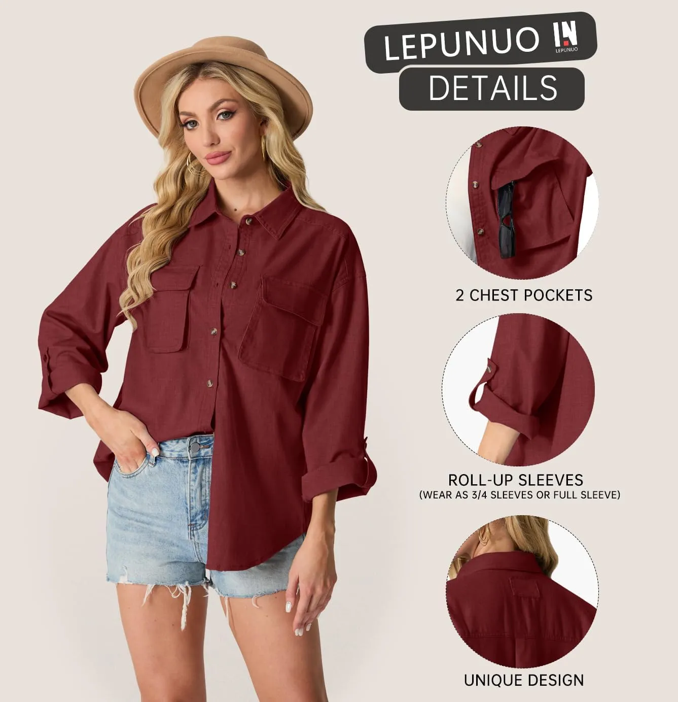 Lepunuo Womens Shacket Long Sleeve Shirt Jacket Button Down Linen Roll-up 3/4 Sleeves Shirts Blouses Tops Streetwear