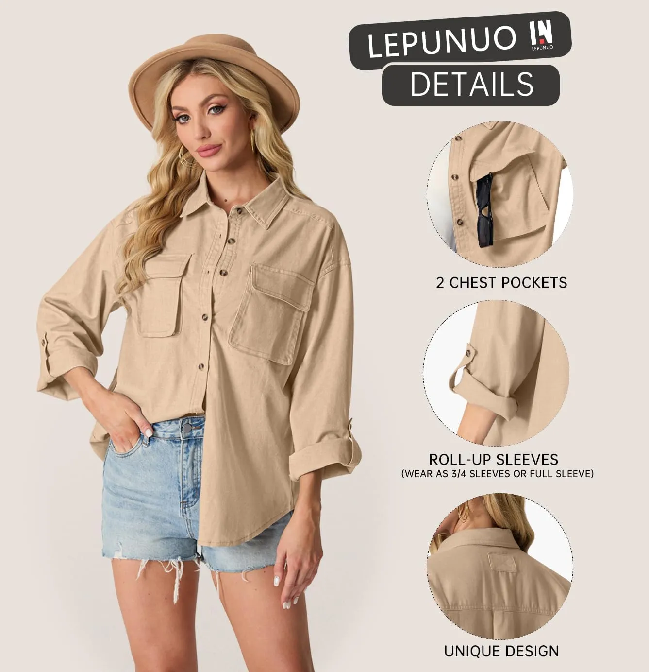 Lepunuo Womens Shacket Long Sleeve Shirt Jacket Button Down Linen Roll-up 3/4 Sleeves Shirts Blouses Tops Streetwear
