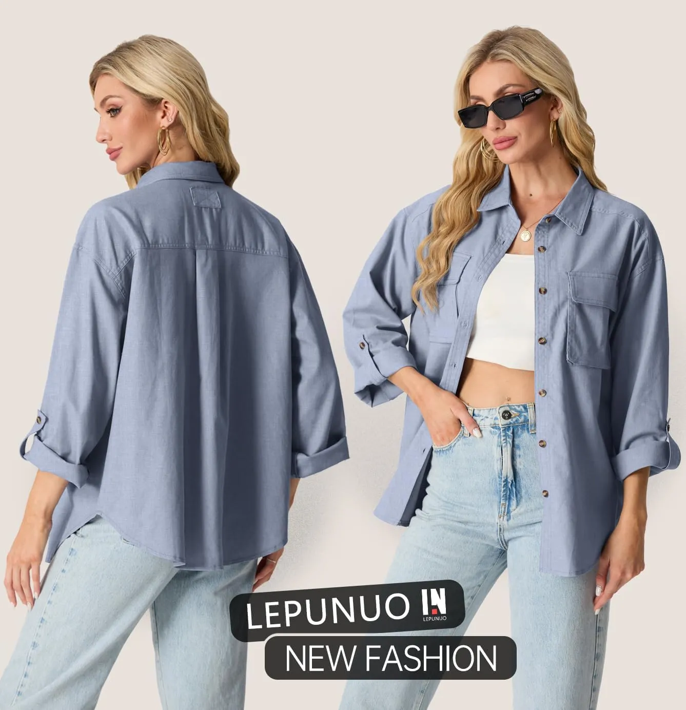 Lepunuo Womens Shacket Long Sleeve Shirt Jacket Button Down Linen Roll-up 3/4 Sleeves Shirts Blouses Tops Streetwear