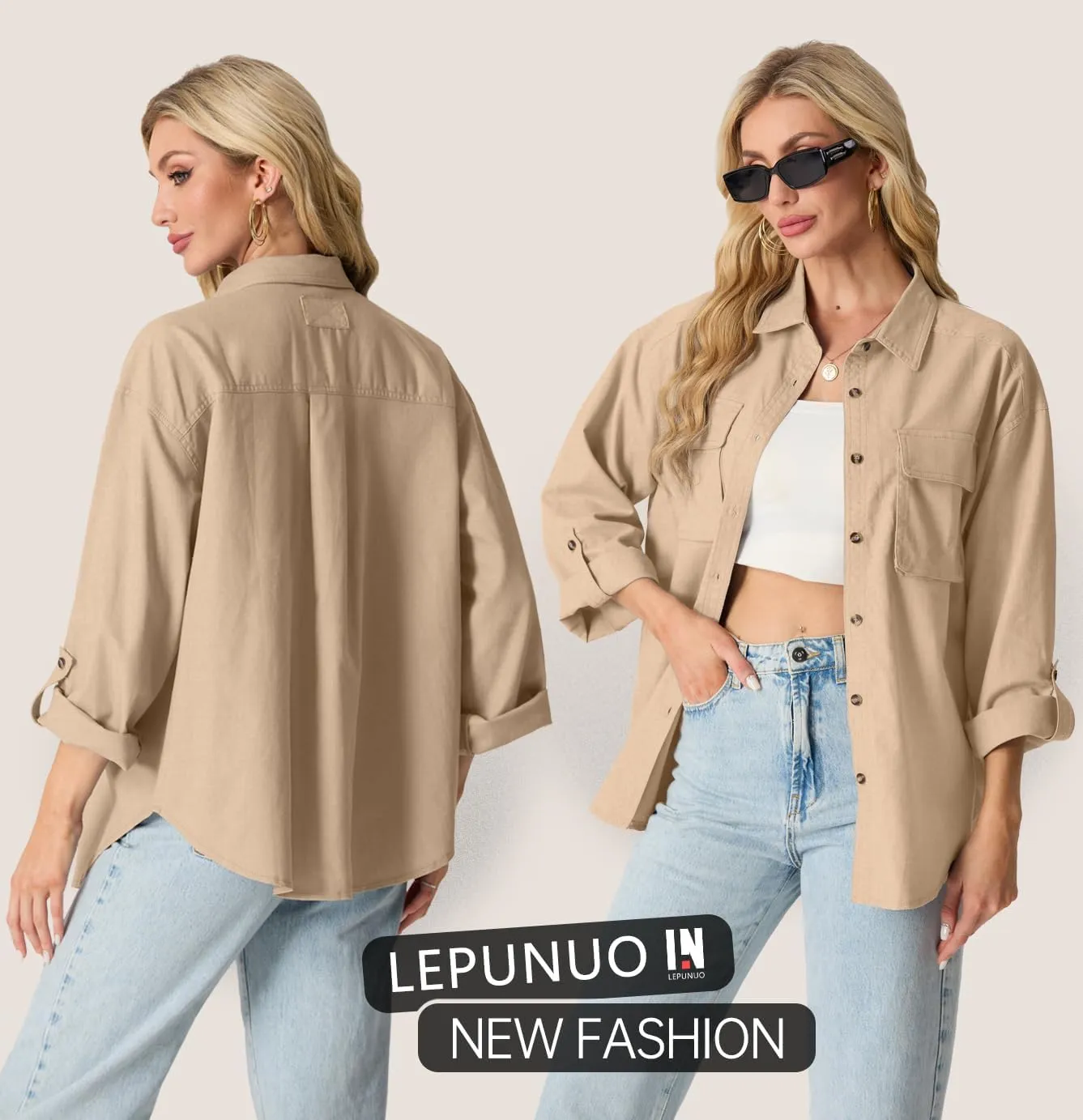 Lepunuo Womens Shacket Long Sleeve Shirt Jacket Button Down Linen Roll-up 3/4 Sleeves Shirts Blouses Tops Streetwear