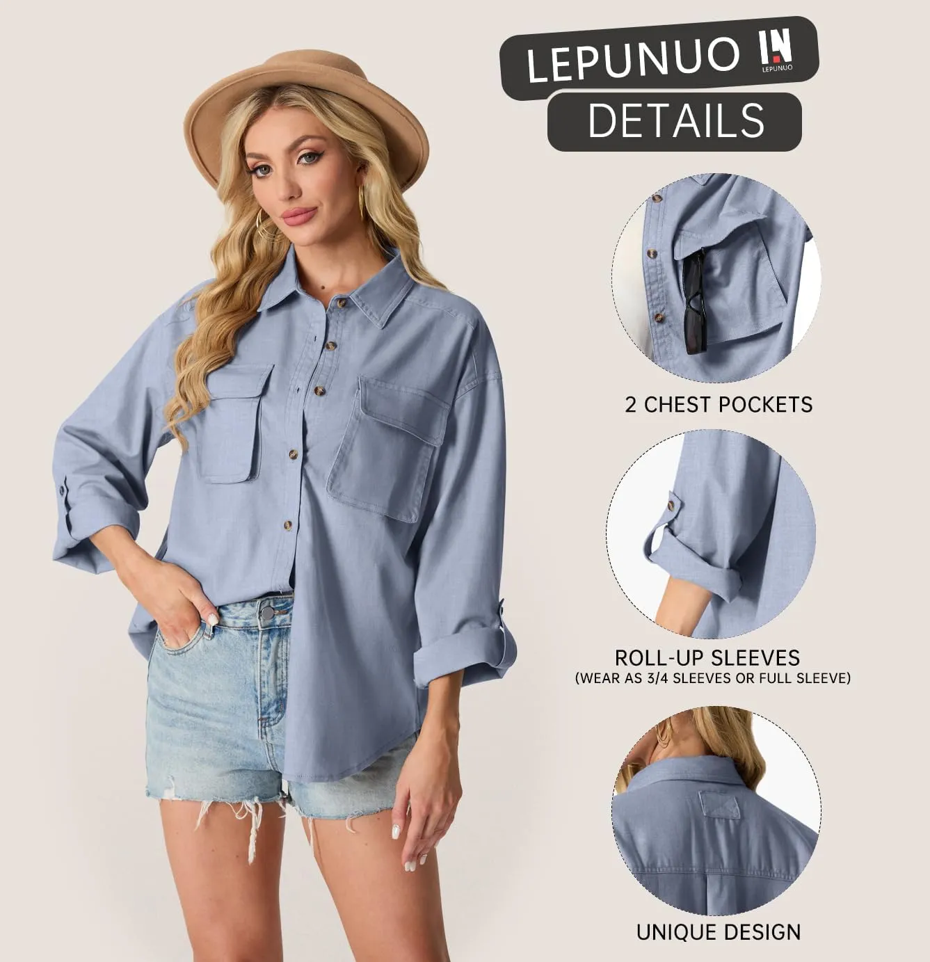 Lepunuo Womens Shacket Long Sleeve Shirt Jacket Button Down Linen Roll-up 3/4 Sleeves Shirts Blouses Tops Streetwear