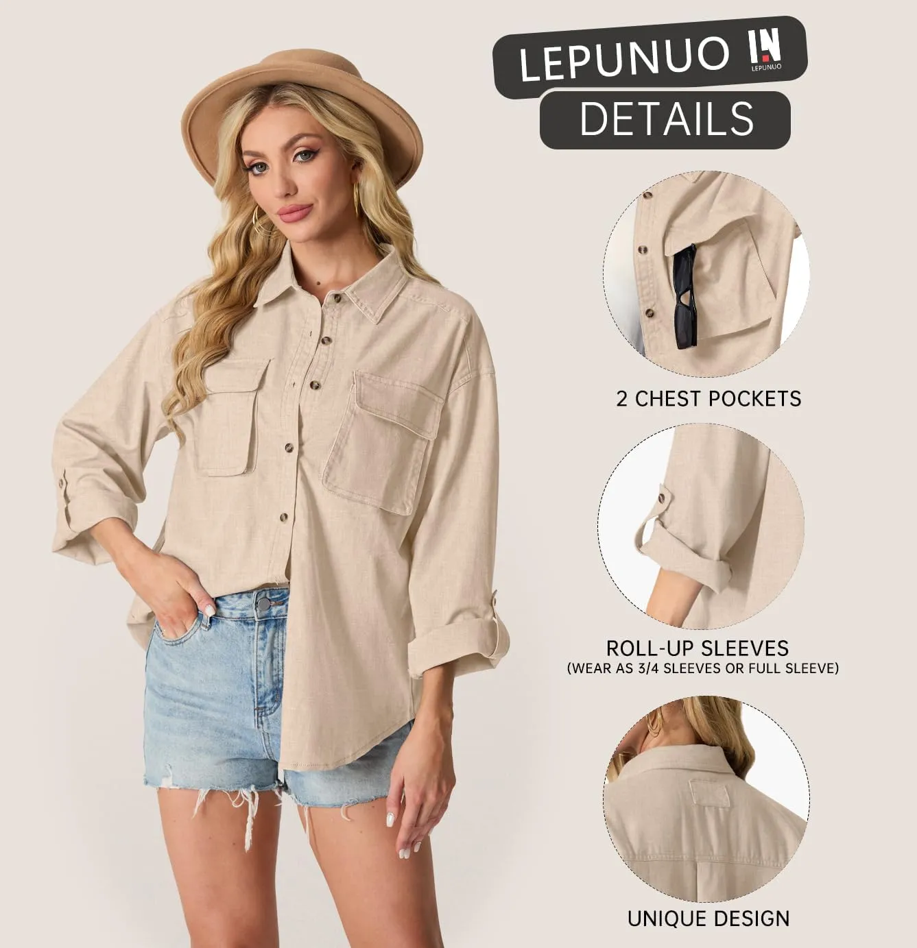 Lepunuo Womens Shacket Long Sleeve Shirt Jacket Button Down Linen Roll-up 3/4 Sleeves Shirts Blouses Tops Streetwear