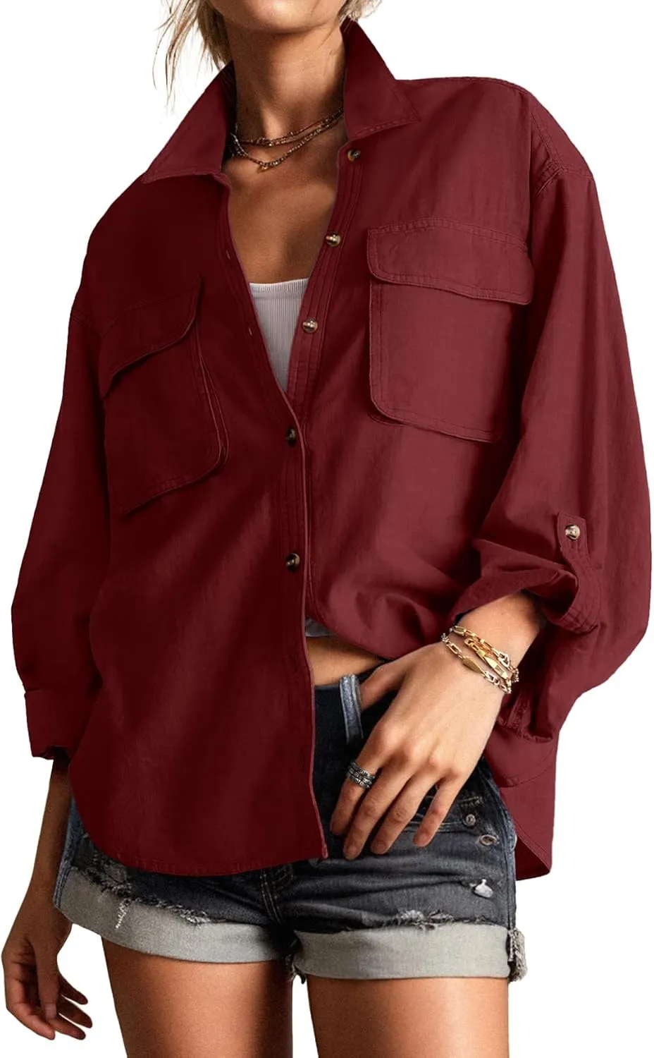 Lepunuo Womens Shacket Long Sleeve Shirt Jacket Button Down Linen Roll-up 3/4 Sleeves Shirts Blouses Tops Streetwear