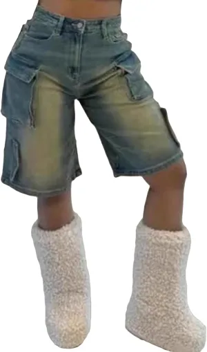 LETSVDO Women's Cargo Jean Shorts High Waisted Straight Leg Bermuda Casual Baggy Long Denim Shorts with Pockets