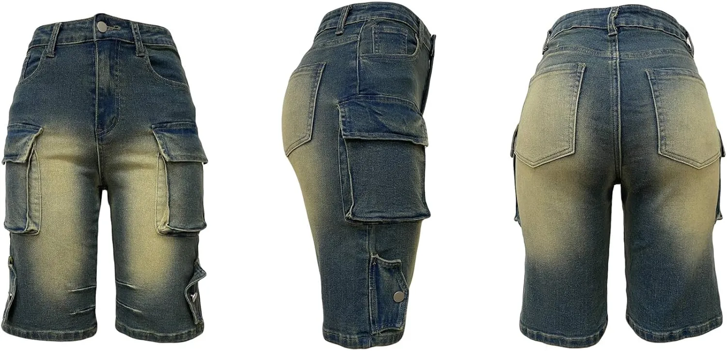 LETSVDO Women's Cargo Jean Shorts High Waisted Straight Leg Bermuda Casual Baggy Long Denim Shorts with Pockets