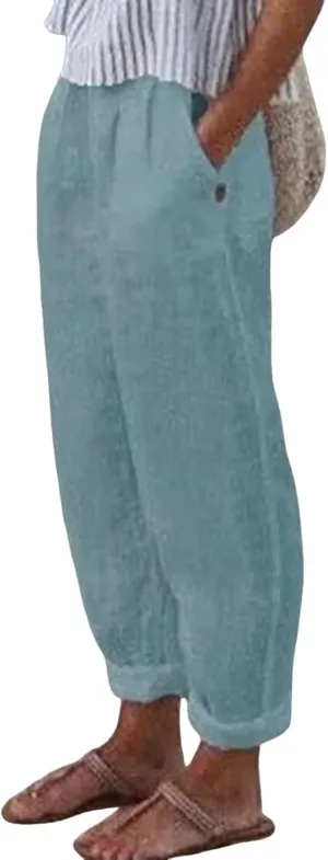 Linen Boho Harem Pants for Women Summer Wide Leg Loose Capris Pants Elastic Waist Trousers with Pocket