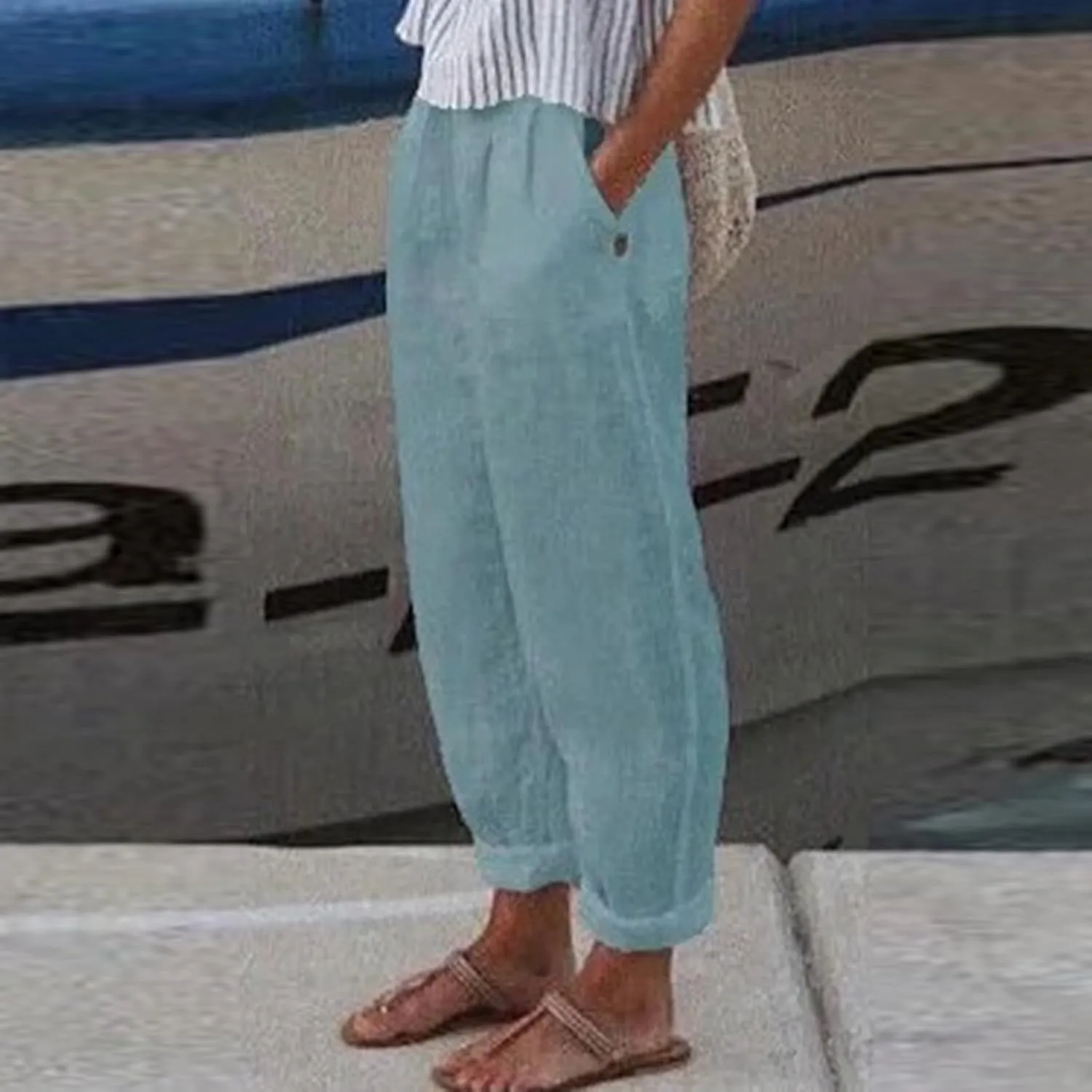 Linen Boho Harem Pants for Women Summer Wide Leg Loose Capris Pants Elastic Waist Trousers with Pocket