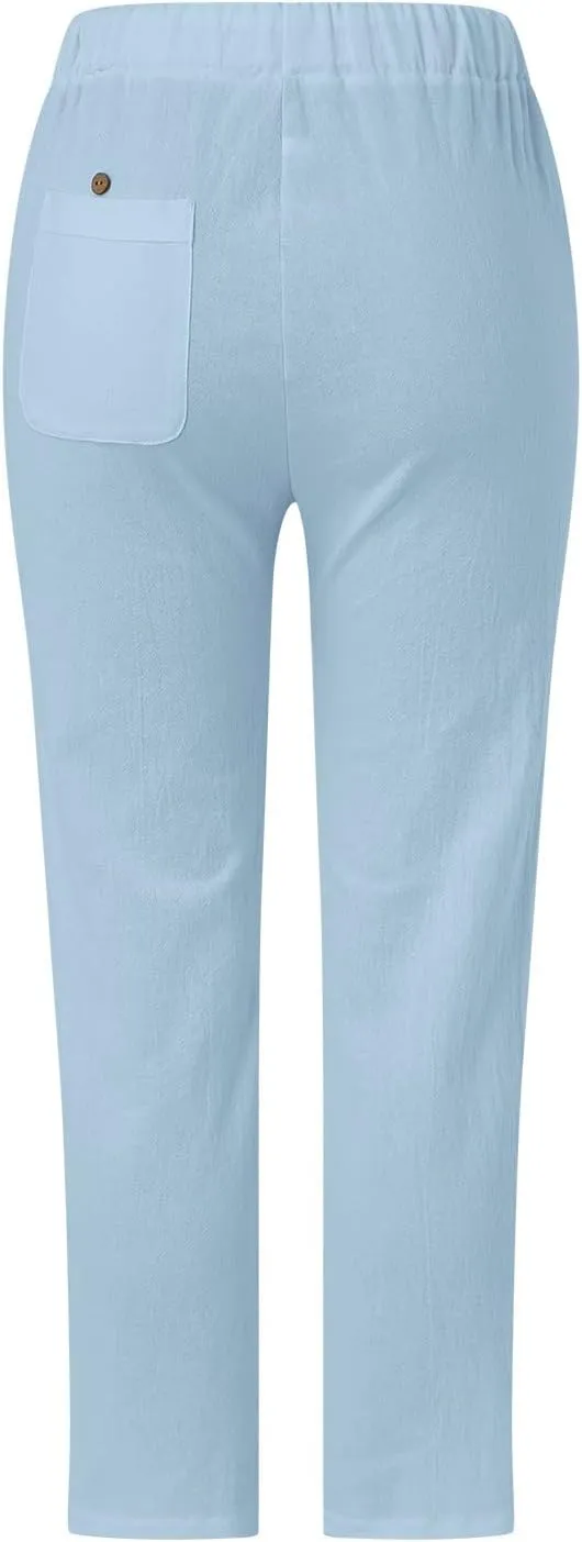 Linen Capri Pants for Women Summer Button Side Beach Pants Drawstring Elastic Waist Loose Casual Pants Comfy Cotton Yoga Pant