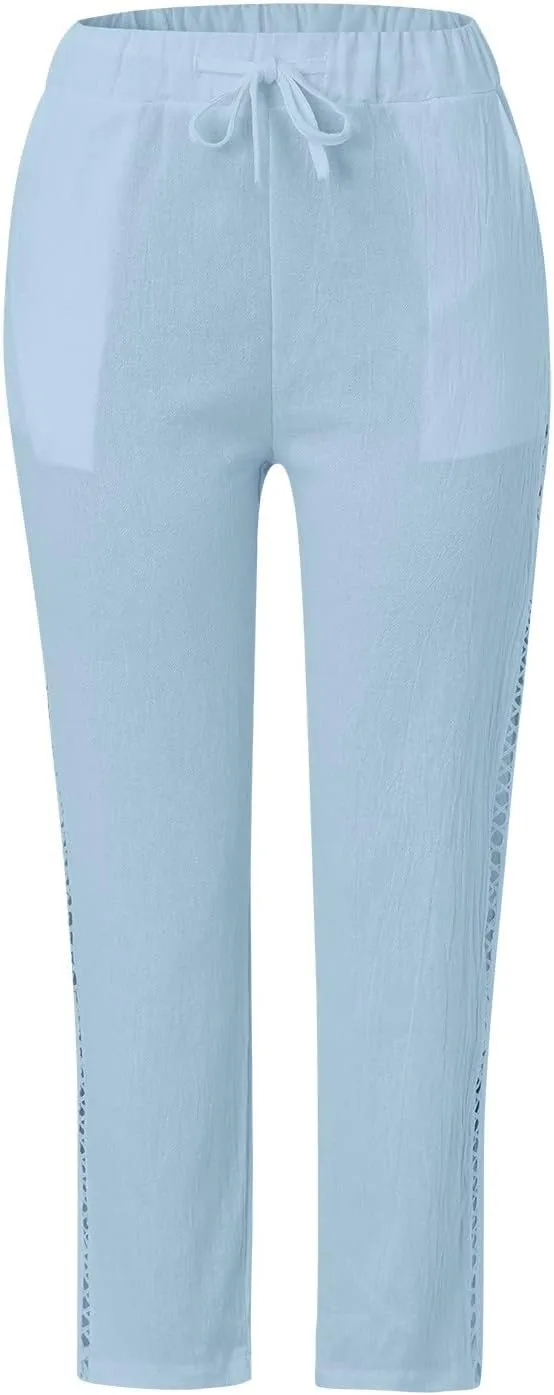 Linen Capri Pants for Women Summer Button Side Beach Pants Drawstring Elastic Waist Loose Casual Pants Comfy Cotton Yoga Pant