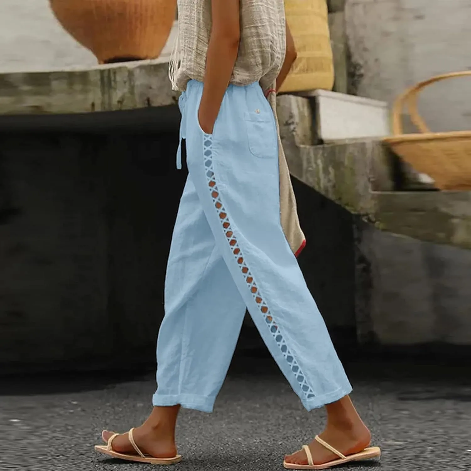 Linen Capri Pants for Women Summer Button Side Beach Pants Drawstring Elastic Waist Loose Casual Pants Comfy Cotton Yoga Pant
