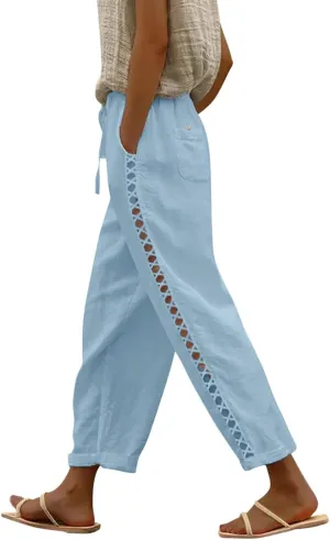 Linen Capri Pants for Women Summer Button Side Beach Pants Drawstring Elastic Waist Loose Casual Pants Comfy Cotton Yoga Pant