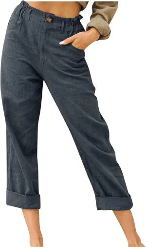 Linen Capri Pants for Women Summer Elastic Waisted Cropped Pants Casual Cotton Trousers with Pockets Plus Size Capris