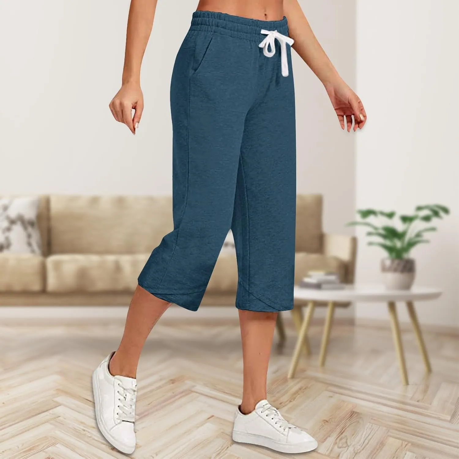 Linen Capri Pants Women Plus Size Elastic Waist Drawstring Wide Leg Cropped Lounge Trousers Summer Beach Pant Outfits