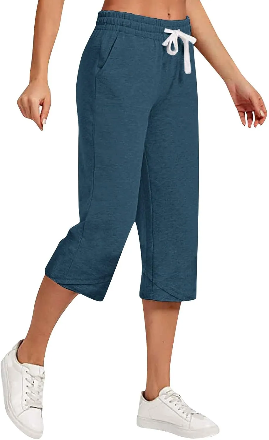 Linen Capri Pants Women Plus Size Elastic Waist Drawstring Wide Leg Cropped Lounge Trousers Summer Beach Pant Outfits