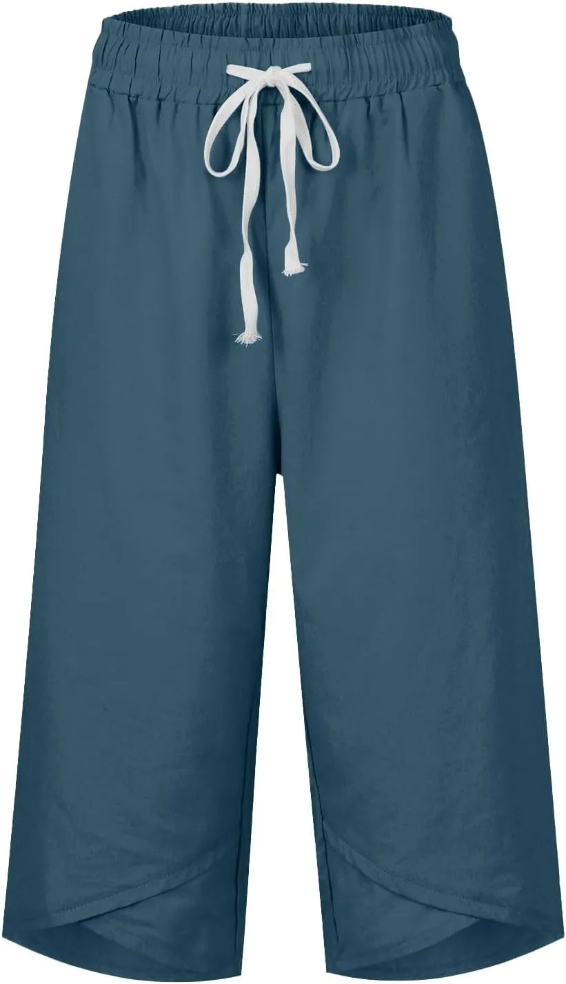 Linen Capri Pants Women Plus Size Elastic Waist Drawstring Wide Leg Cropped Lounge Trousers Summer Beach Pant Outfits