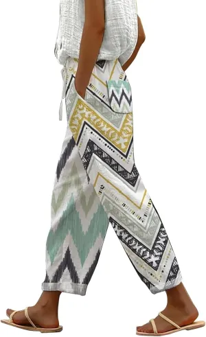 Linen Capris for Women Elastic Waisted Drawstring Capri Pants with Pockets Boho Floral Casual Summer Cropped Pants