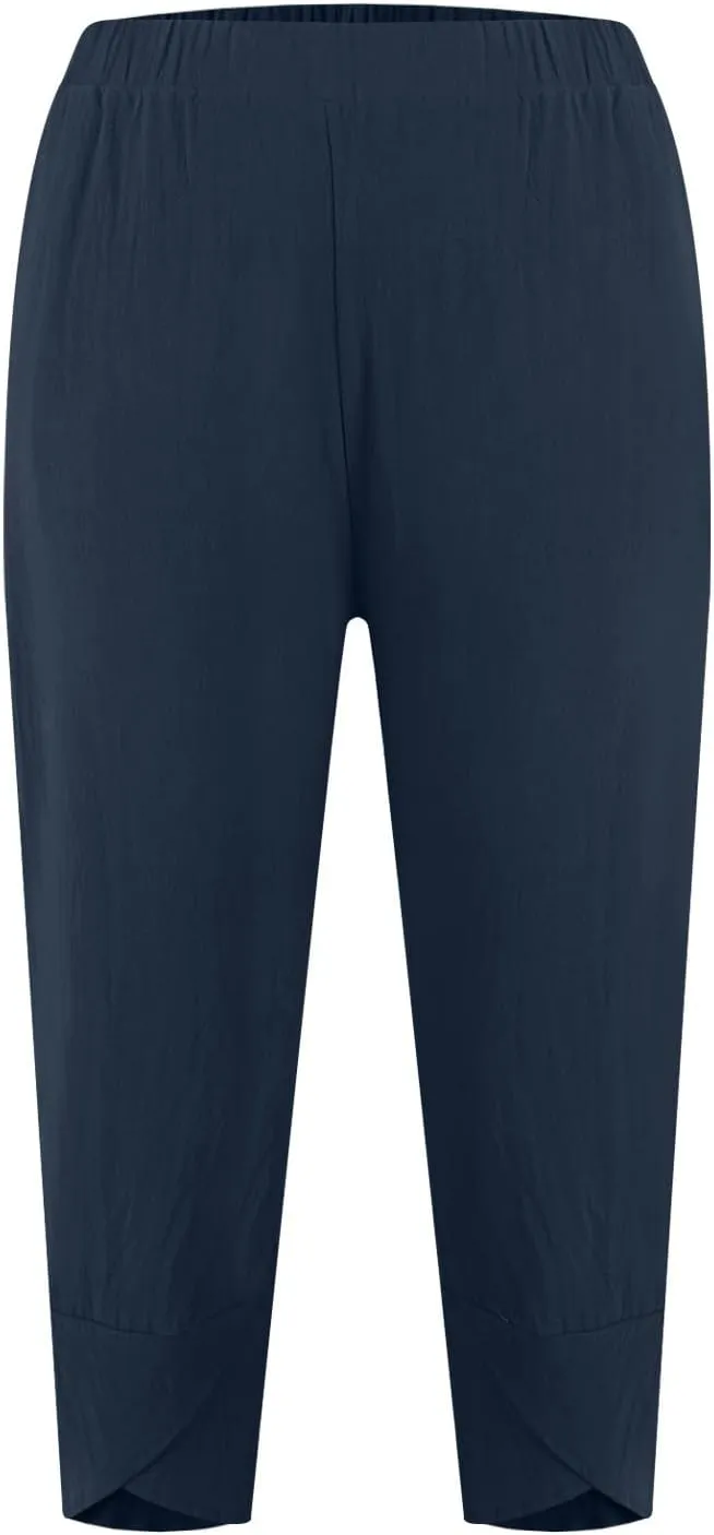 Linen Capris Pants Women Plus Size Casual Summer 2025 Loose Fit Drawstring Elastic Waist Cropped Trouser Lounge Pant