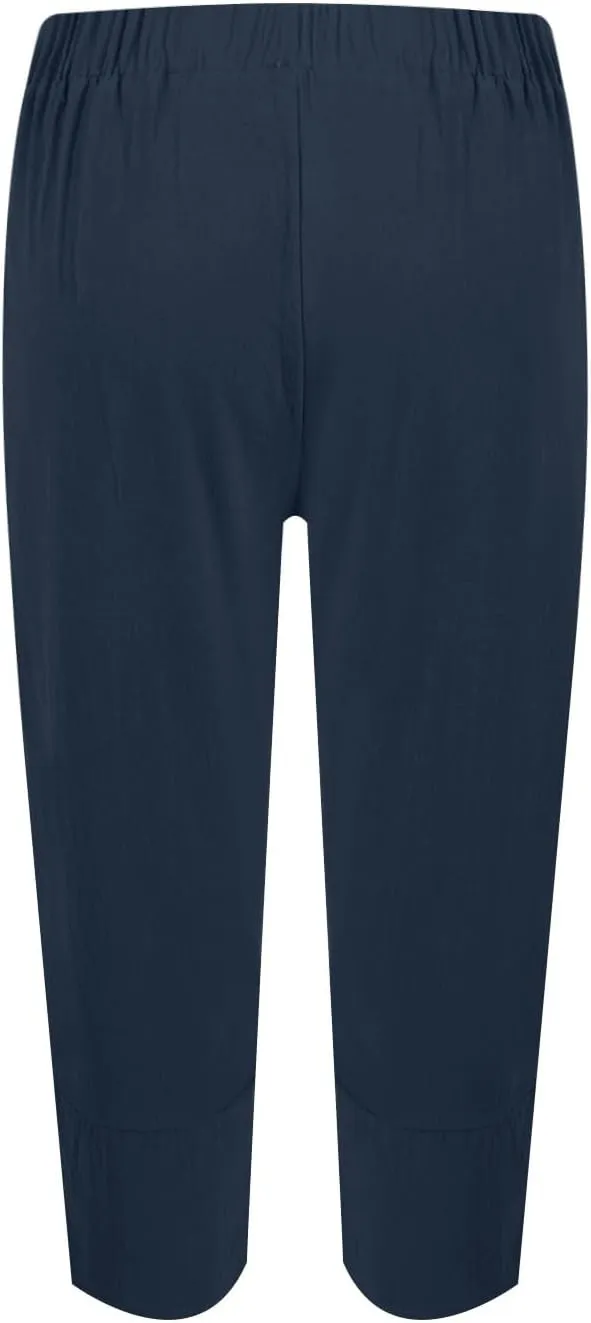 Linen Capris Pants Women Plus Size Casual Summer 2025 Loose Fit Drawstring Elastic Waist Cropped Trouser Lounge Pant