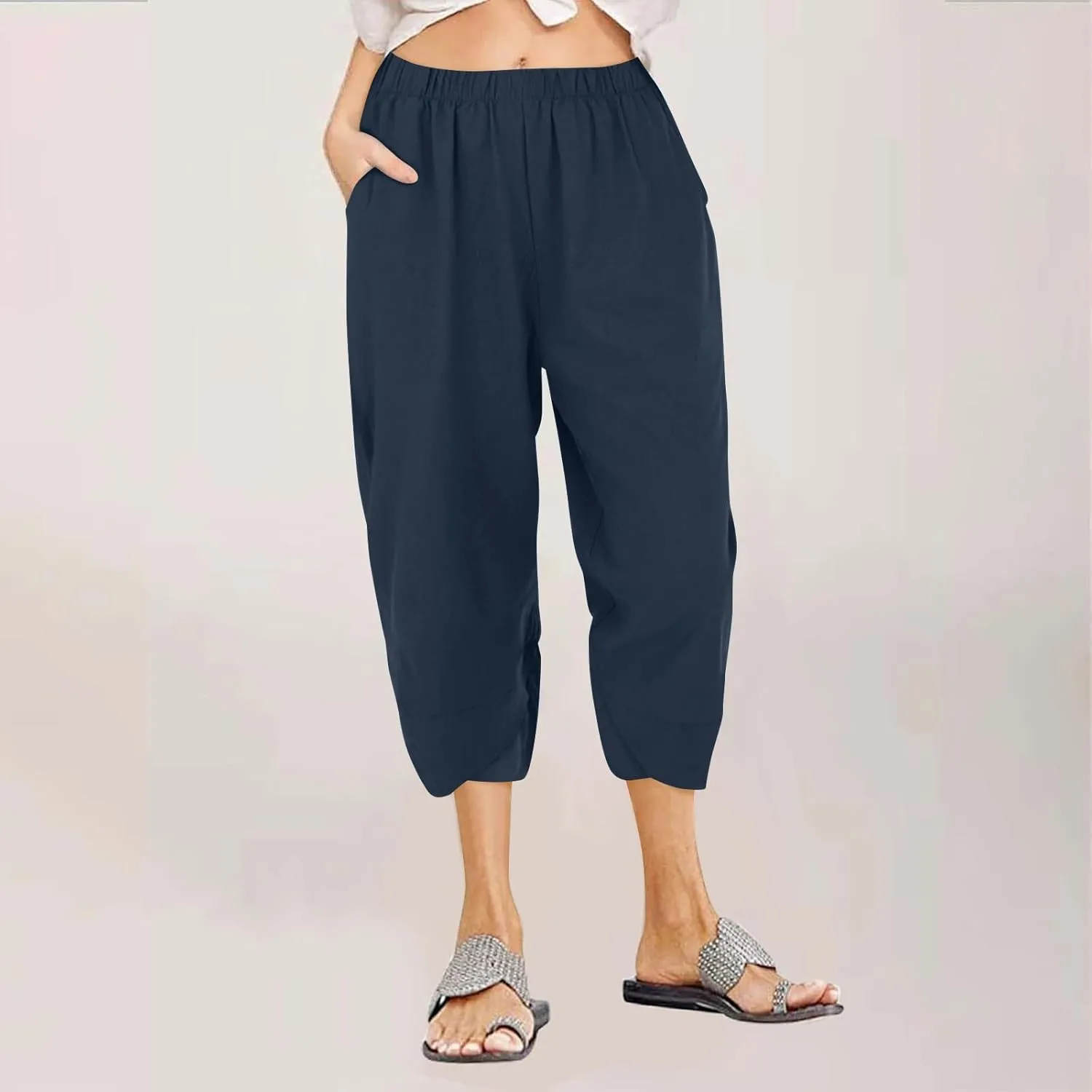 Linen Capris Pants Women Plus Size Casual Summer 2025 Loose Fit Drawstring Elastic Waist Cropped Trouser Lounge Pant