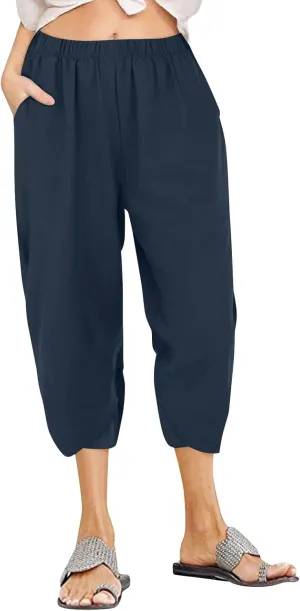 Linen Capris Pants Women Plus Size Casual Summer 2025 Loose Fit Drawstring Elastic Waist Cropped Trouser Lounge Pant