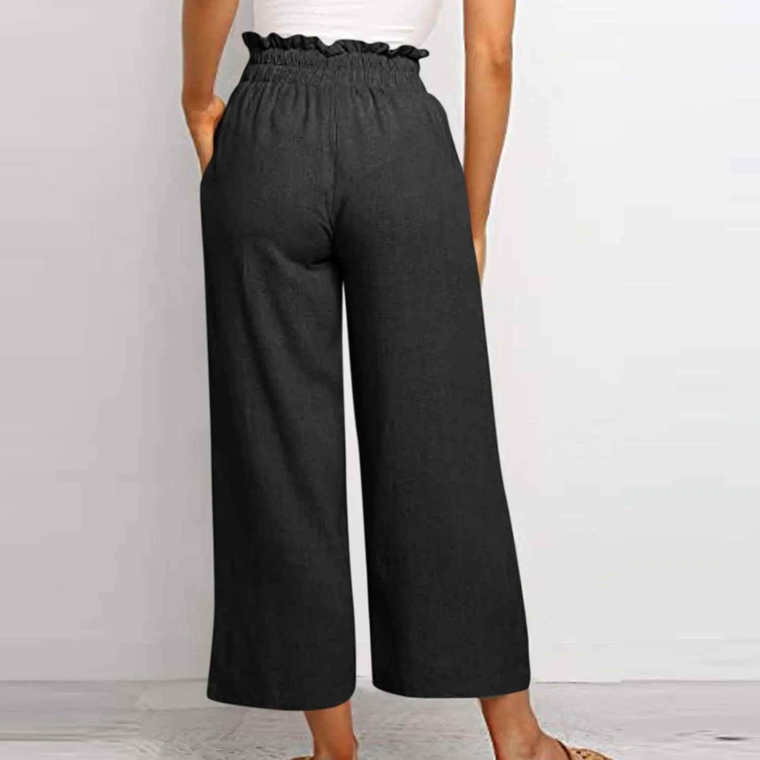 Linen Cropped Pants Women Drawstring High Waisted Boho Wide Leg Pants Summer Loose Paperbag Beach Pants with Pockets